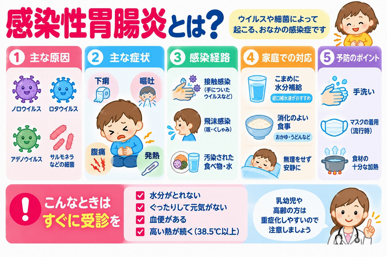 感染性胃腸炎の原因や症状、感染経路、家庭での対処法を解説した医療インフォグラフィック。ノロウイルス、ロタウイルス、アデノウイルス、サルモネラ菌などによる感染と、下痢、嘔吐、腹痛、発熱などの症状を紹介。経口補水液による水分補給、手洗い、食品の加熱、脱水や血便などの受診の目安を図解。