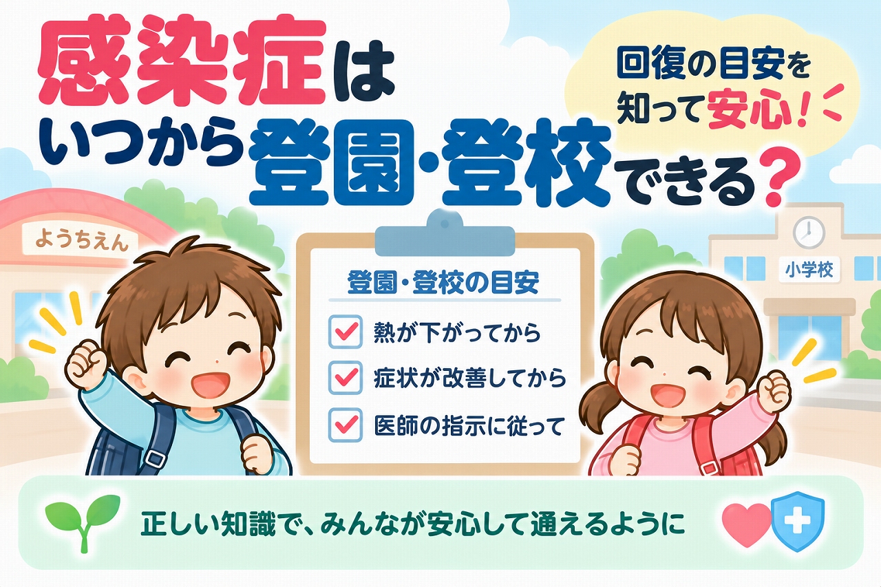 子どもが感染症にかかった後、いつから保育園・幼稚園・学校に復帰できるかを解説した医療インフォグラフィック。元気に登園・登校する子どもたちと、熱が下がったか、症状が改善したか、医師の指示や感染症ごとの基準を確認するチェック項目をイラストで紹介。