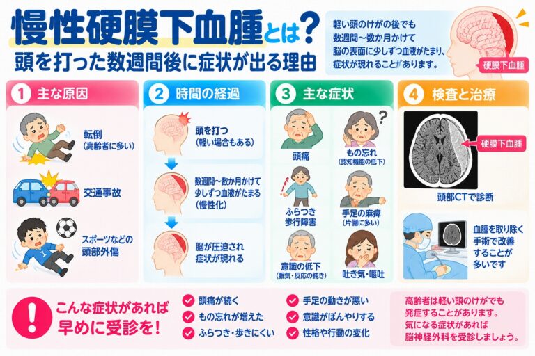 慢性硬膜下血腫とは？頭を打った数週間後に症状が出る原因・症状・治療法を図解
