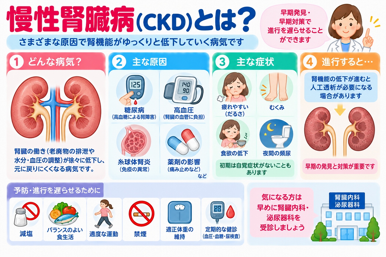 慢性腎臓病(CKD)の原因や症状、進行予防を解説した医療インフォグラフィック。腎臓の働きと腎機能低下の仕組みを示し、糖尿病、高血圧、糸球体腎炎、薬剤などの原因を紹介。疲労感、むくみ、食欲低下、夜間頻尿などの症状と、腎機能低下による透析の可能性、減塩、食事管理、運動、禁煙、定期検査による対策を図解。