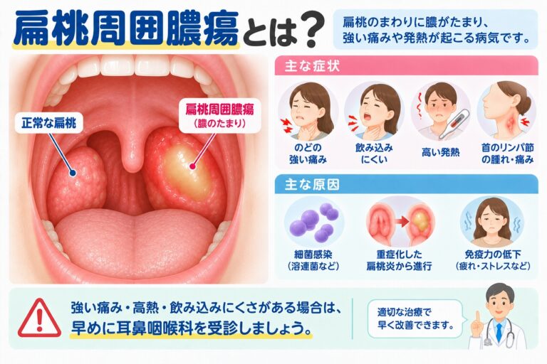 扁桃周囲膿瘍とは？｜強いのどの痛み・発熱・飲み込みにくさを起こす原因と症状