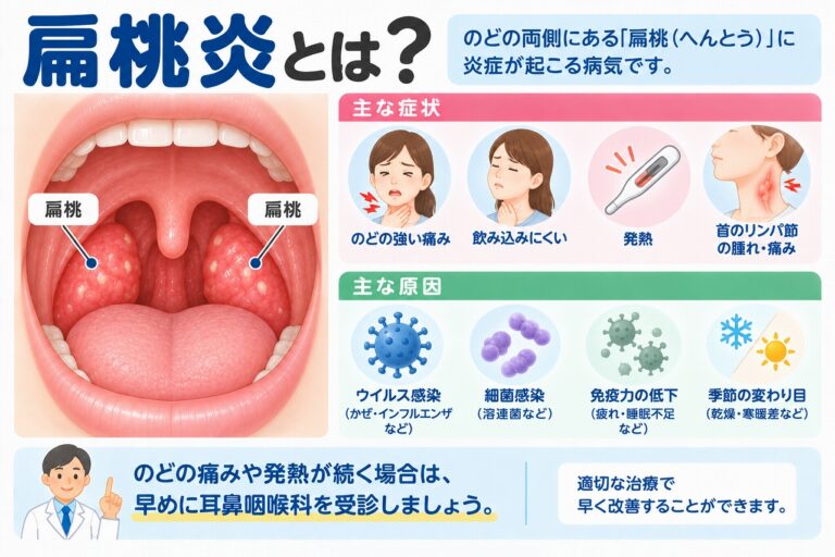扁桃炎とは？｜のどの強い痛み・発熱・扁桃の腫れが起こる原因と症状