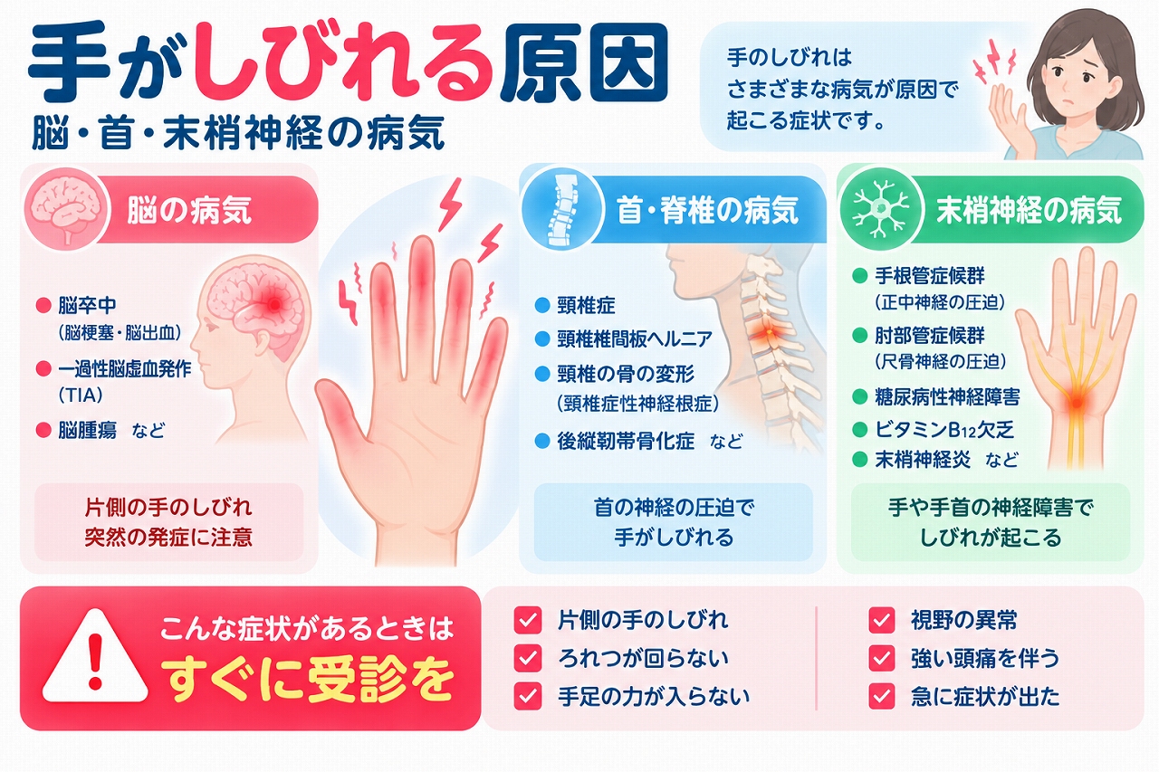 手のしびれの原因と考えられる病気を解説した医療インフォグラフィック。脳梗塞・脳出血・一過性脳虚血発作などの脳の病気、頸椎症・頸椎椎間板ヘルニアなどの首の病気、手根管症候群・肘部管症候群・糖尿病性神経障害などの末梢神経の病気を図解。緊急受診が必要な症状も紹介。