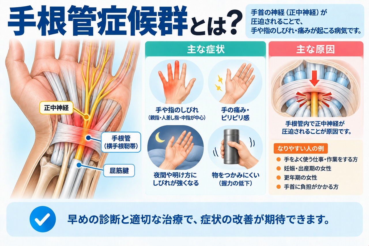 手根管症候群とは、手首の手根管内で正中神経が圧迫されることで、親指・人差し指・中指を中心としたしびれや痛み、夜間のしびれ、握力低下などが現れる病気で、その仕組みと主な症状を示した図
