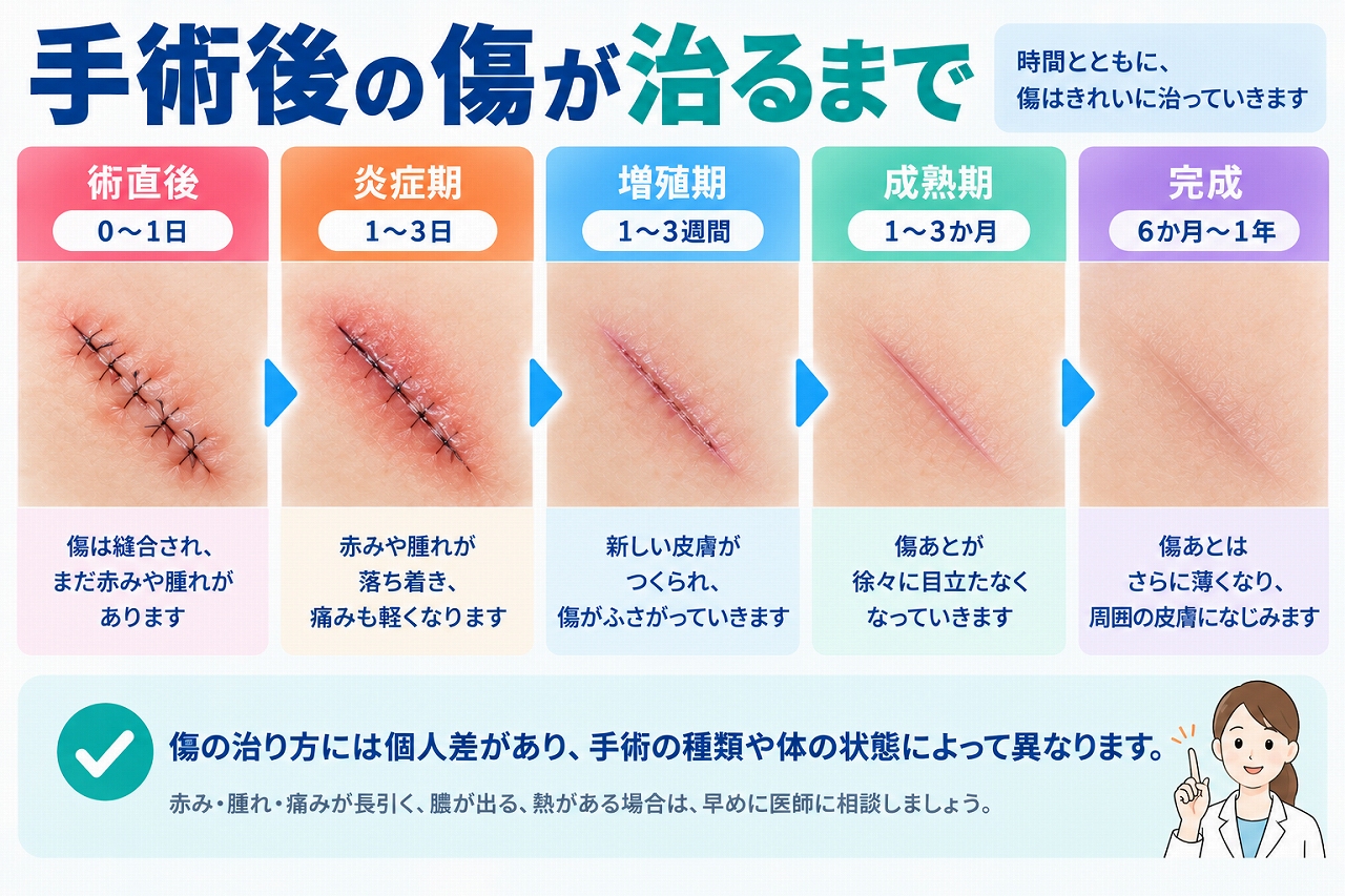 手術後の傷が治るまでの経過を、術直後、炎症期、増殖期、成熟期、傷あとが落ち着くまでの段階に分け、赤みや腫れが軽減し傷あとが徐々に目立ちにくくなる様子を示した図
