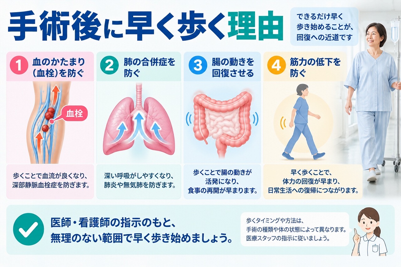 手術後に早く歩く理由として、血流を促して血栓を予防し、肺の合併症や筋力低下を防ぎ、腸の動きや体力の回復を促す早期離床の効果を示した図