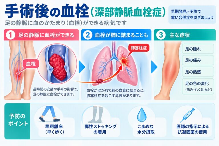 手術後の深部静脈血栓症について、長時間の安静などで足の深い静脈に血栓ができ、血栓が肺へ移動すると肺塞栓症を起こす危険があることや、足の腫れ・痛み・熱感などの症状と予防法を示した図