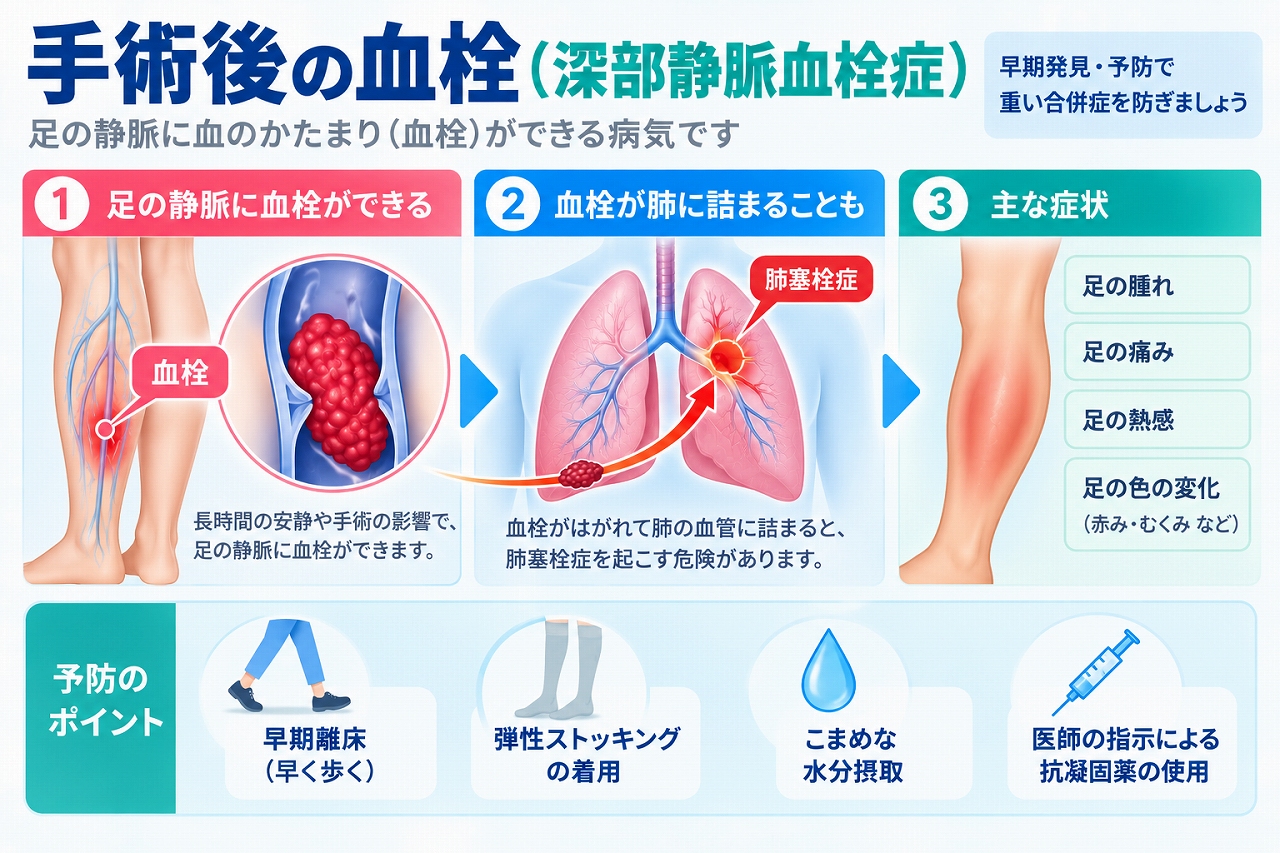 手術後の深部静脈血栓症について、長時間の安静などで足の深い静脈に血栓ができ、血栓が肺へ移動すると肺塞栓症を起こす危険があることや、足の腫れ・痛み・熱感などの症状と予防法を示した図
