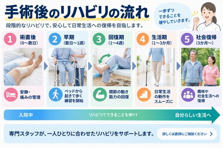 手術後のリハビリの流れを、術直後の安静と痛みの管理、早期の歩行練習、関節可動域や筋力の回復、日常生活動作の練習、社会復帰までの段階に分けて示した図