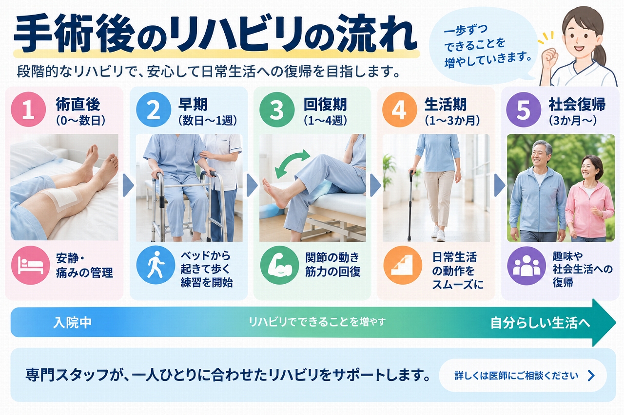 手術後のリハビリの流れを、術直後の安静と痛みの管理、早期の歩行練習、関節可動域や筋力の回復、日常生活動作の練習、社会復帰までの段階に分けて示した図