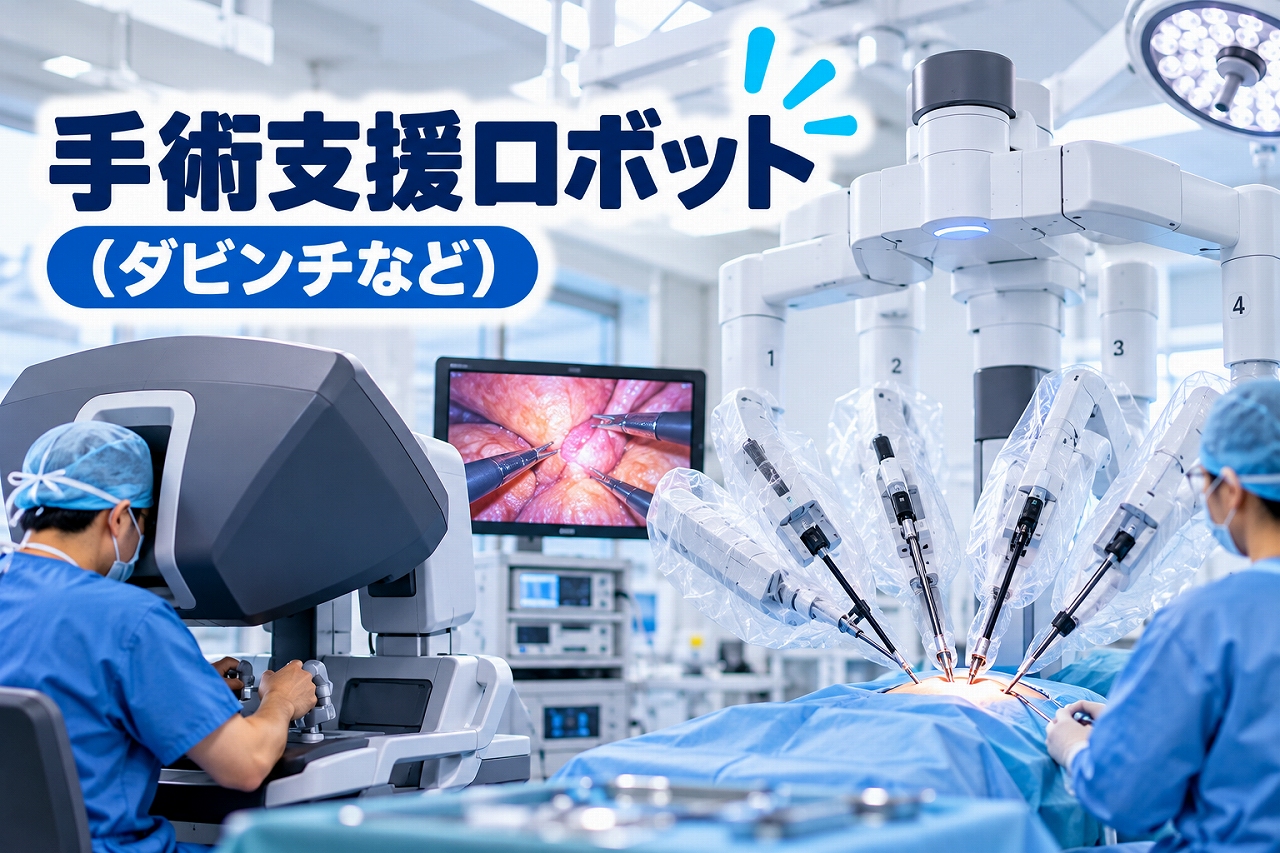 手術支援ロボット（ダビンチなど）の医療用アイキャッチ画像。手術室で医師が操作コンソールを使用し、複数のロボットアームを遠隔操作して患者の手術を行う様子を描いている。モニターには内視鏡による手術部位の拡大画像が表示され、ロボット支援手術の仕組みを紹介している。