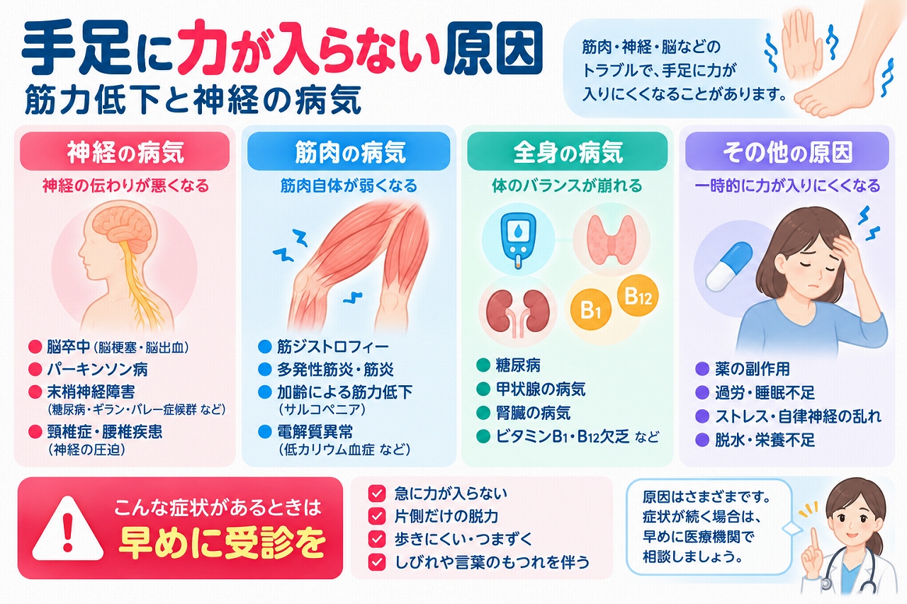 手足に力が入らない原因と筋力低下を解説した医療インフォグラフィック。脳卒中、パーキンソン病、末梢神経障害、頸椎症などの神経疾患、筋ジストロフィーや筋炎などの筋肉の病気、糖尿病、甲状腺疾患、電解質異常、薬の副作用、過労などを図解。突然の片側の脱力や歩行困難など、緊急受診が必要な症状も紹介。