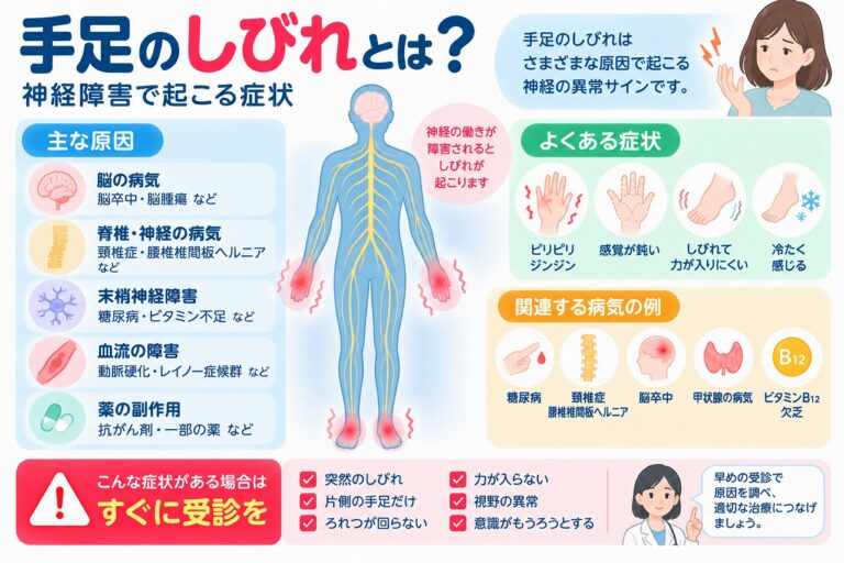 手足のしびれとは？神経障害で起こる症状・原因と考えられる病気を図解
