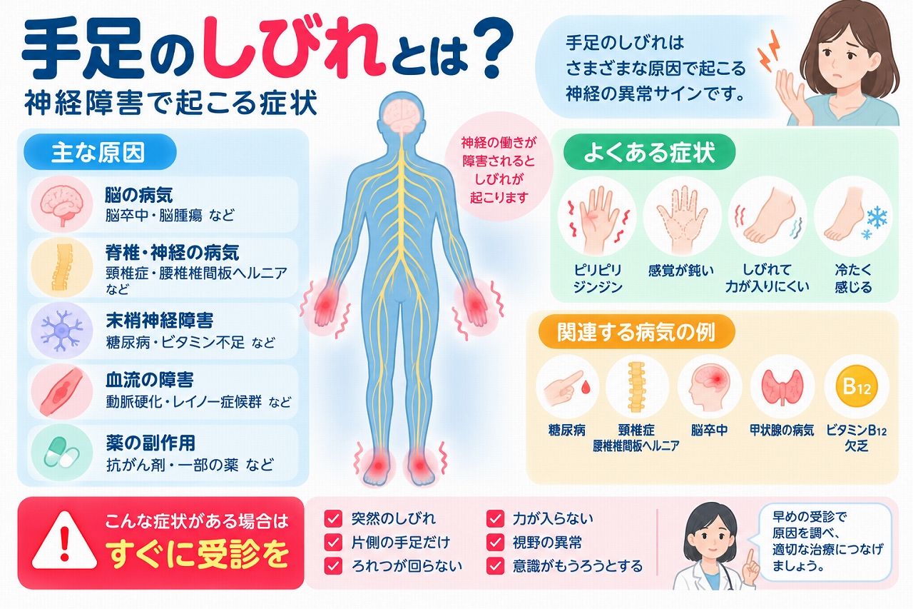 手足のしびれの原因や症状を解説した医療インフォグラフィック。ピリピリ・ジンジンする異常感覚、感覚の鈍さ、冷たく感じる症状などを図解。脳卒中、頸椎症、腰椎椎間板ヘルニア、糖尿病性神経障害、ビタミンB12欠乏、血流障害、薬の副作用などの関連疾患と、緊急受診が必要な症状を紹介。