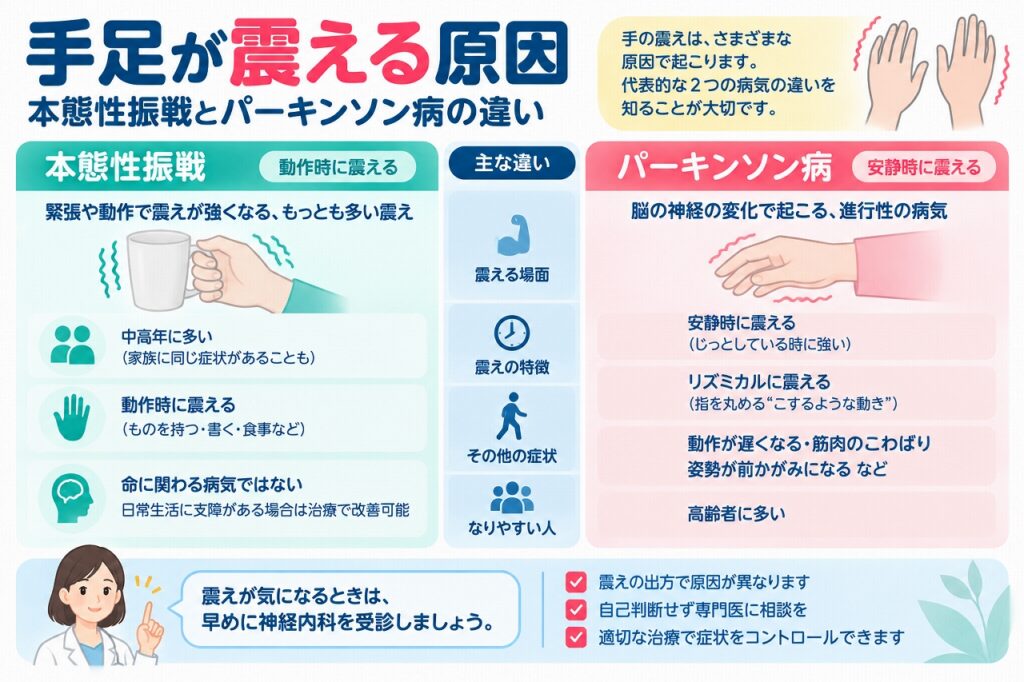 手足が震える原因とは？本態性振戦とパーキンソン病の違い・症状を図解
