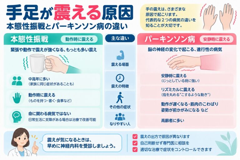 手足が震える原因として代表的な本態性振戦とパーキンソン病の違いを比較した医療インフォグラフィック。本態性振戦は物を持つ・字を書くなどの動作時に震えやすく、パーキンソン病は安静時の震えや動作の遅さ、筋肉のこわばりなどが特徴。震えが起こる場面、症状、発症しやすい年代、受診の目安を図解。