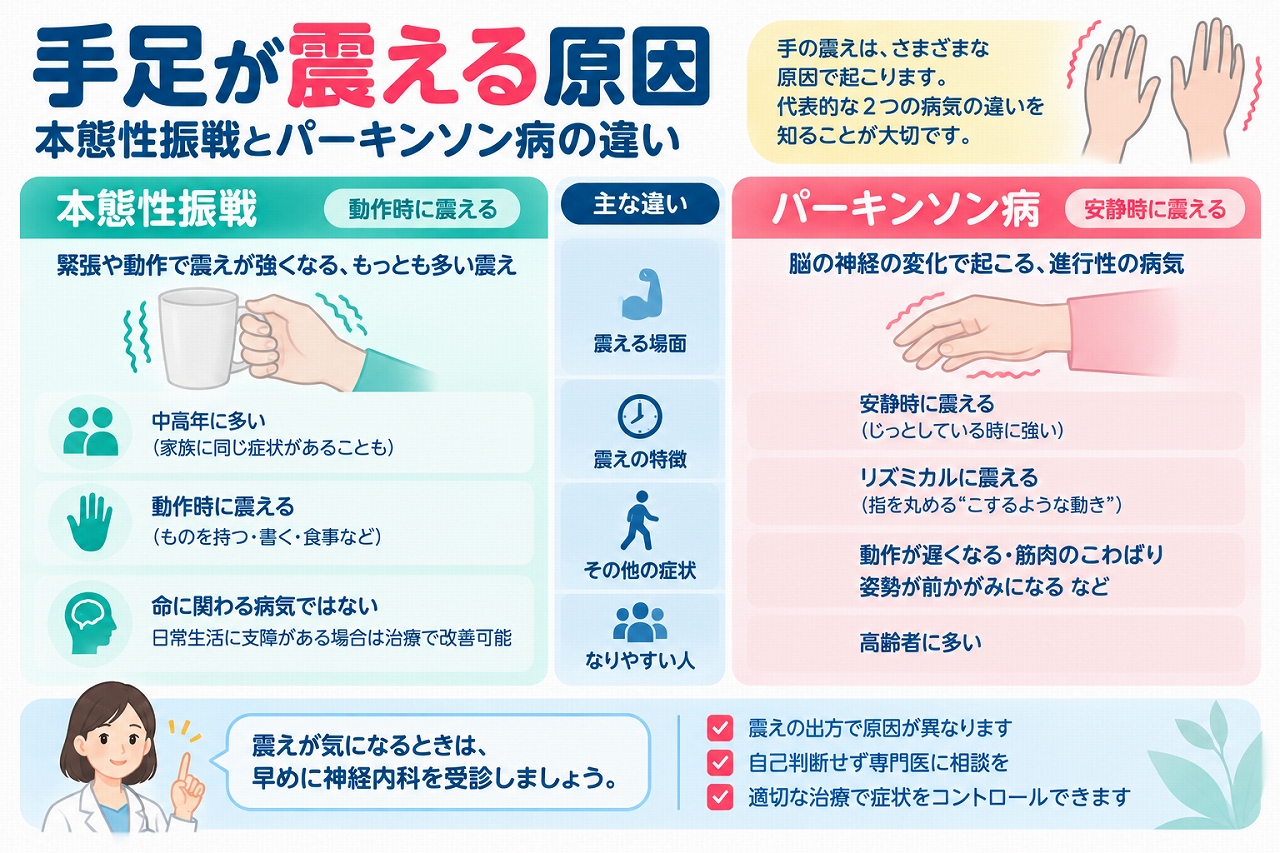 手足が震える原因として代表的な本態性振戦とパーキンソン病の違いを比較した医療インフォグラフィック。本態性振戦は物を持つ・字を書くなどの動作時に震えやすく、パーキンソン病は安静時の震えや動作の遅さ、筋肉のこわばりなどが特徴。震えが起こる場面、症状、発症しやすい年代、受診の目安を図解。