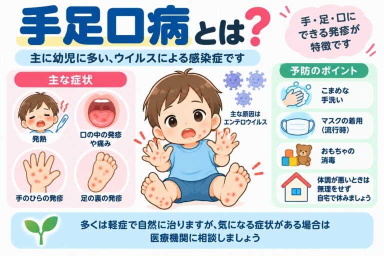 手足口病の原因や主な症状、予防方法を解説した医療インフォグラフィック。子どもの手のひらや足の裏にできる発疹、口の中の水疱や痛み、発熱などをイラストで紹介。エンテロウイルスによる感染と、こまめな手洗い、おもちゃの消毒、体調不良時の休養などの感染対策を図解。
