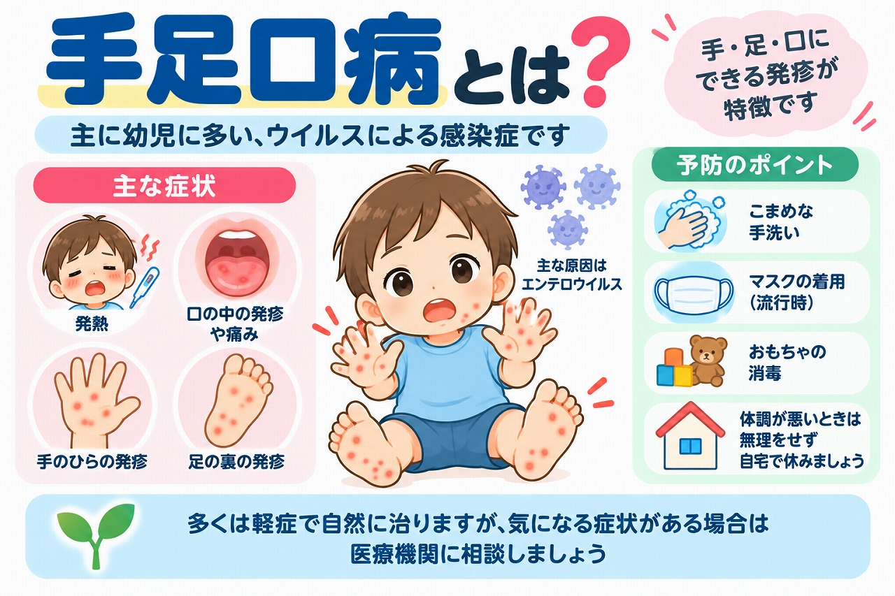 手足口病の原因や主な症状、予防方法を解説した医療インフォグラフィック。子どもの手のひらや足の裏にできる発疹、口の中の水疱や痛み、発熱などをイラストで紹介。エンテロウイルスによる感染と、こまめな手洗い、おもちゃの消毒、体調不良時の休養などの感染対策を図解。