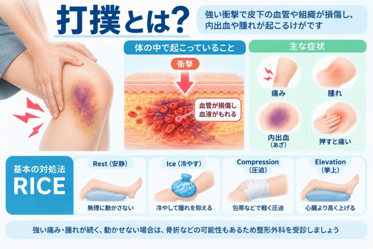 打撲とは強い衝撃によって皮下の血管や組織が損傷するけがで、血管から血液が漏れて内出血やあざができ、痛み・腫れ・押すと痛いなどの症状が現れる仕組みを示した図