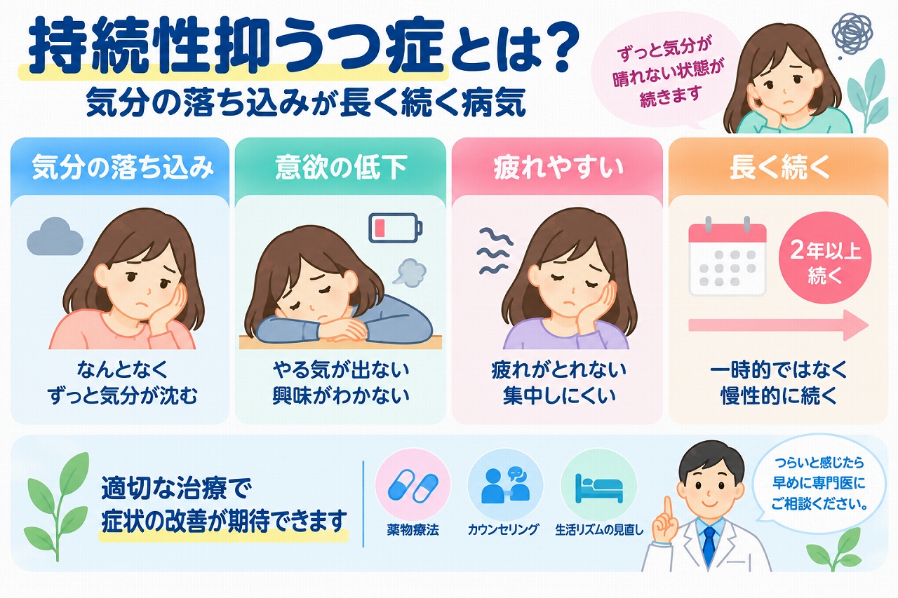 持続性抑うつ症の特徴や症状、治療法を解説した医療インフォグラフィック。気分の落ち込み、意欲低下、疲労感、集中力低下などの症状をイラストで紹介。成人では抑うつ気分が2年以上続くことが診断の目安となり、薬物療法、カウンセリング、生活リズムの見直しなどによって改善を目指すことを図解。