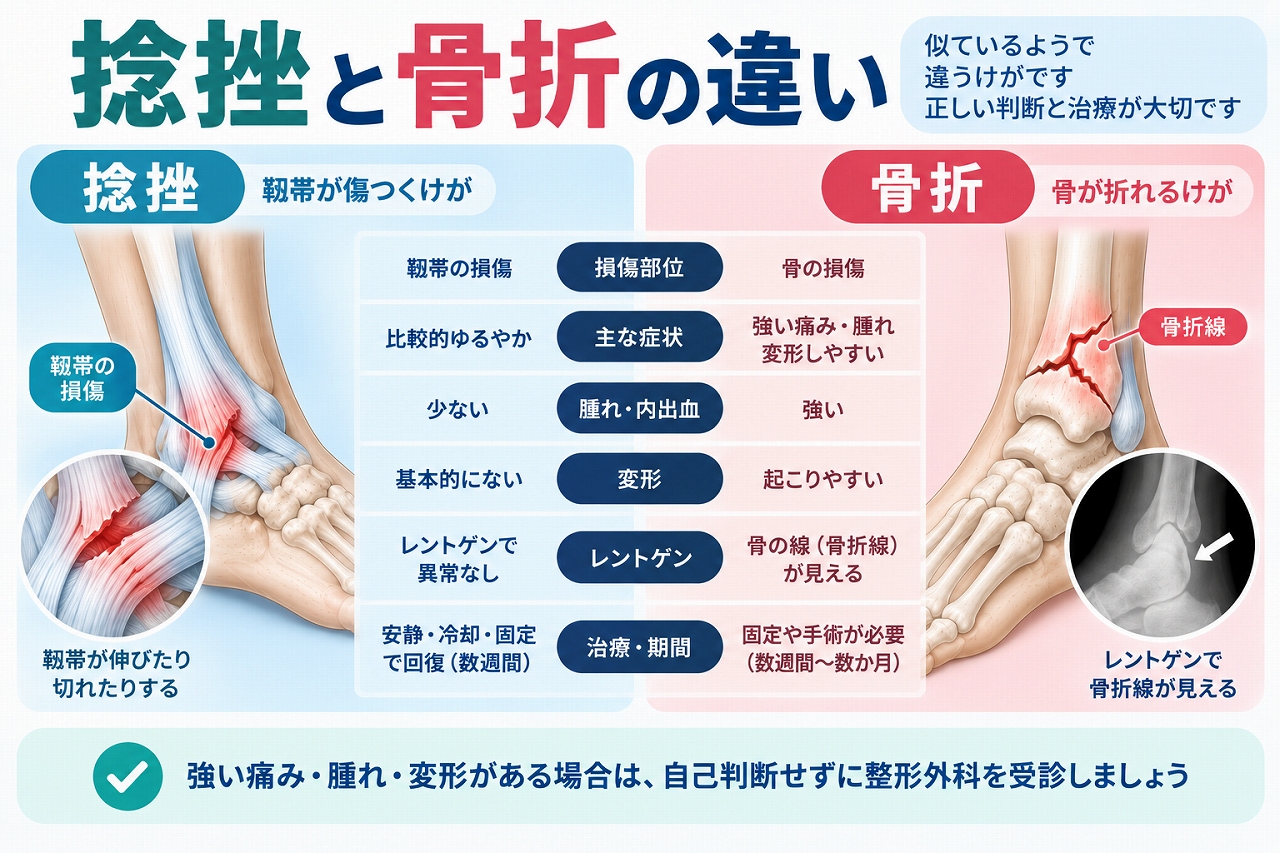 捻挫と骨折の違いを、捻挫は主に靱帯などが損傷するけが、骨折は骨の連続性が途切れるけがとして、痛み・腫れ・変形や検査などの特徴を比較した図