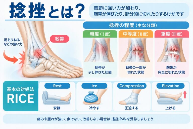 捻挫とは関節に強い力が加わって靱帯などが損傷するけがで、靱帯が伸びた軽度から部分断裂、完全断裂までの重症度と、足首の捻挫の状態を示した図
