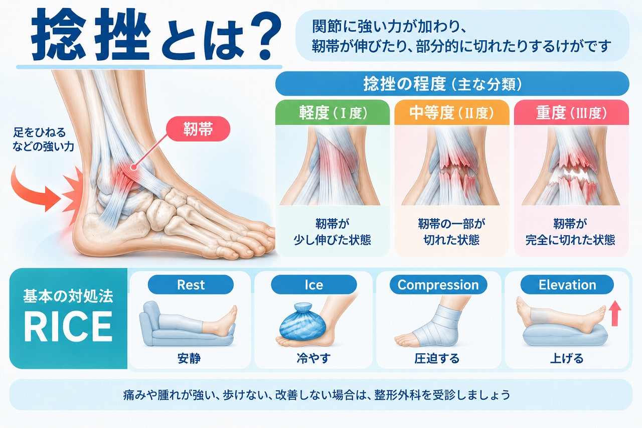 捻挫とは関節に強い力が加わって靱帯などが損傷するけがで、靱帯が伸びた軽度から部分断裂、完全断裂までの重症度と、足首の捻挫の状態を示した図
