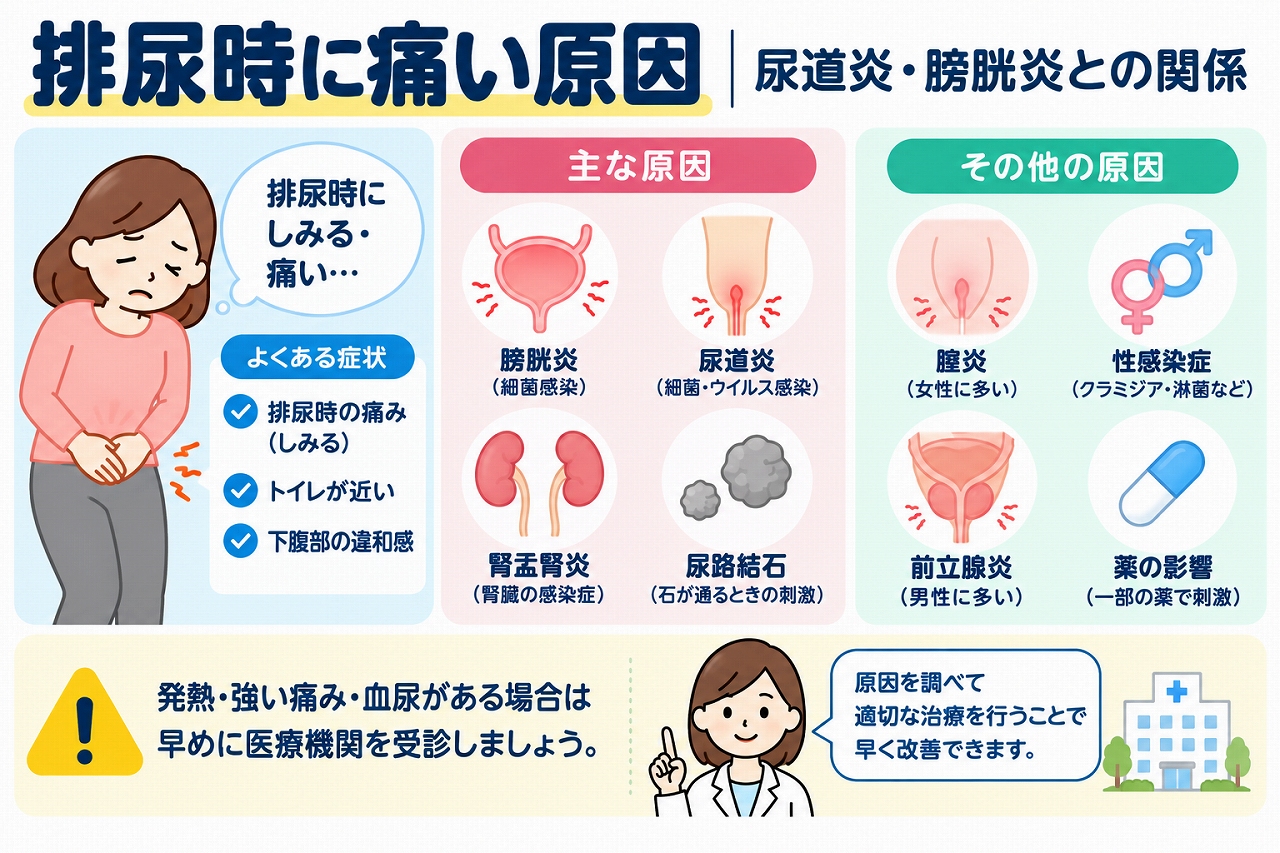 排尿時の痛みやしみる症状の原因を解説した医療インフォグラフィック。膀胱炎、尿道炎、腎盂腎炎、尿路結石、腟炎、性感染症、前立腺炎、薬の影響など、排尿痛を引き起こす主な病気と受診の目安を図解。