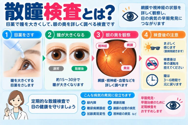 散瞳検査の方法や目的を解説したインフォグラフィック。散瞳薬で瞳孔を広げ、網膜、黄斑、視神経、網膜血管など眼底を詳しく観察する流れと、検査後のまぶしさや運転などの注意点を紹介