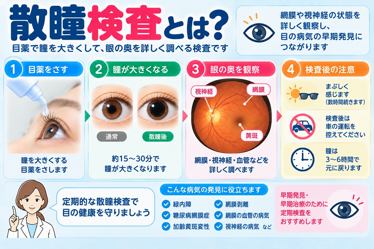 散瞳検査の方法や目的を解説したインフォグラフィック。散瞳薬で瞳孔を広げ、網膜、黄斑、視神経、網膜血管など眼底を詳しく観察する流れと、検査後のまぶしさや運転などの注意点を紹介