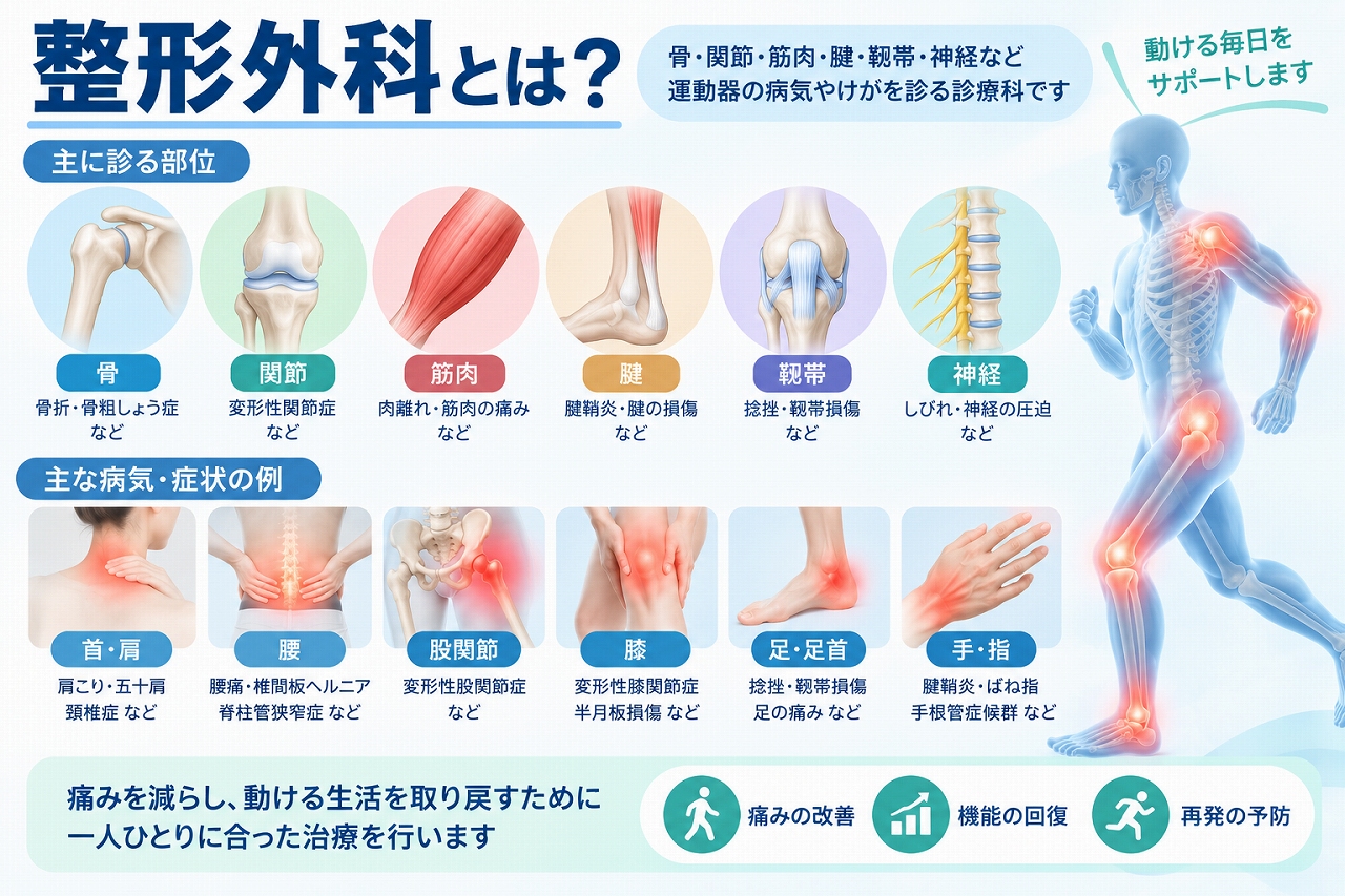 整形外科とは、骨・関節・筋肉・腱・靱帯・神経など運動器の病気やけがを診る診療科で、首・肩・腰・股関節・膝・足・手などの主な症状や疾患を示した図
