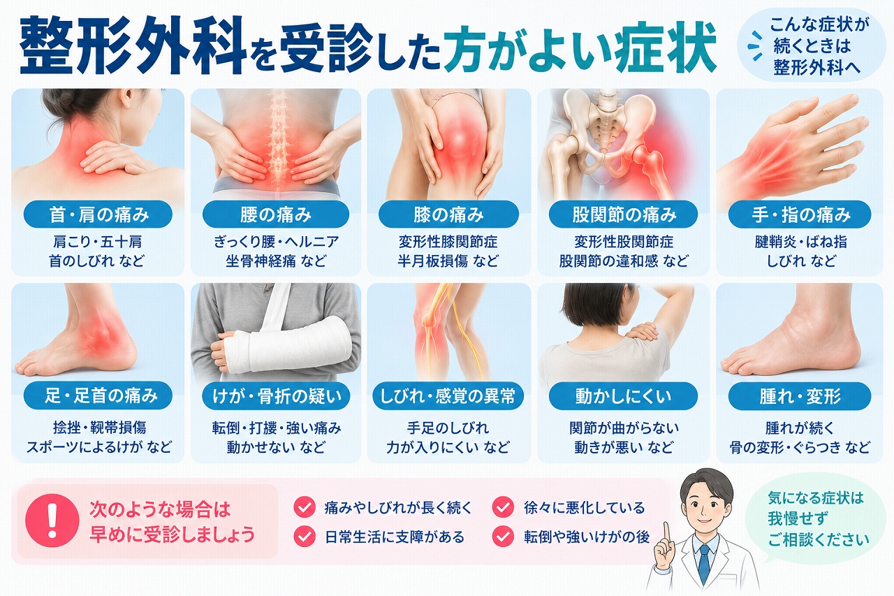 整形外科を受診した方がよい症状として、首・肩・腰・膝・股関節・手・足の痛み、けがや骨折の疑い、しびれや感覚異常、関節の動かしにくさ、腫れや変形などを示した図
