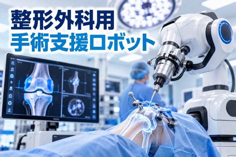 整形外科用手術支援ロボットの医療用アイキャッチ画像。手術室に大型のロボットアームと画像ナビゲーション用モニターを配置し、膝関節の3D画像を確認しながら精密な手術操作を支援する様子を描いている。膝周囲には位置追跡用マーカーが配置され、人工膝関節置換術などで使用するロボット支援技術を紹介している。