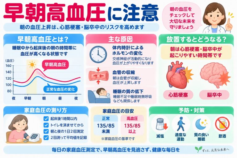 早朝高血圧とは？朝に血圧が高くなる原因・危険性・正しい測り方を図解