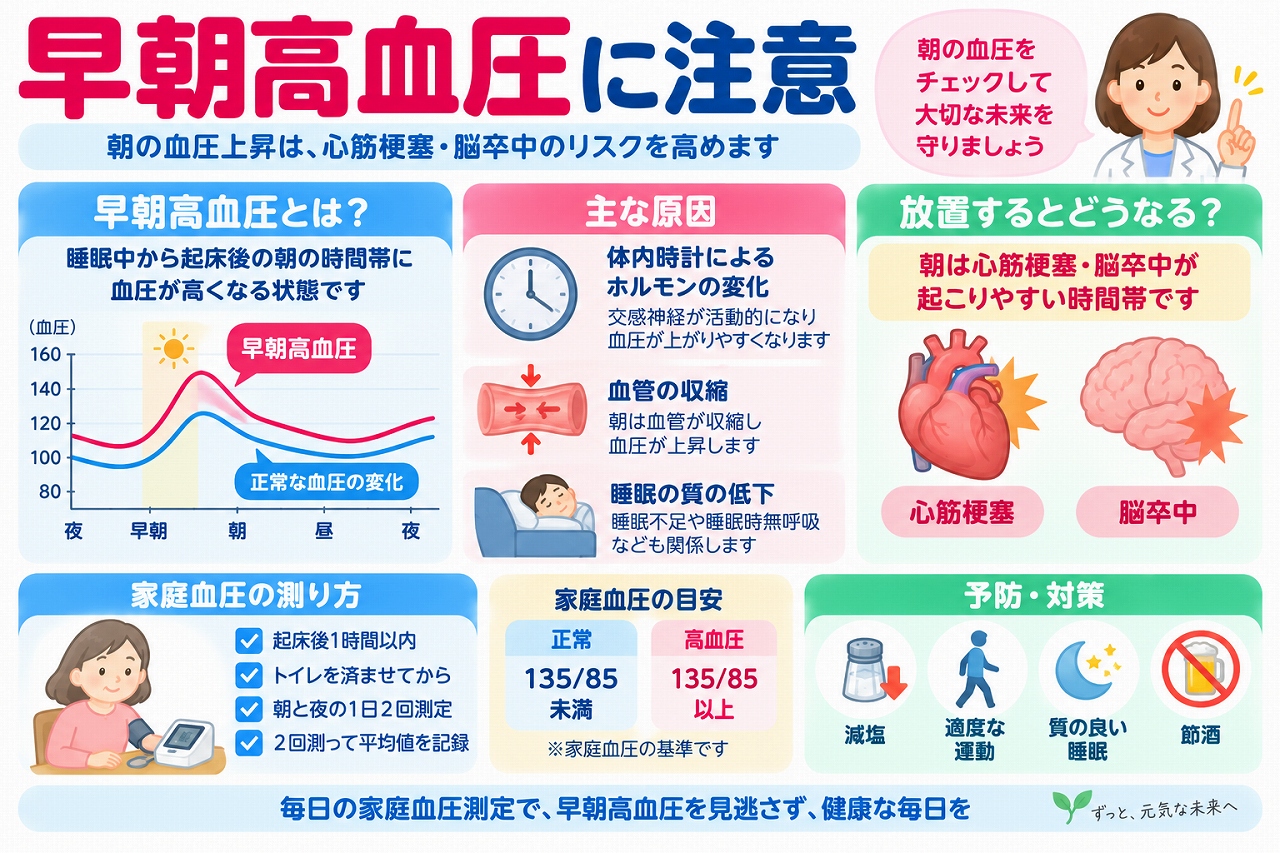 早朝高血圧の原因や健康への影響、家庭血圧の測定方法を解説した医療インフォグラフィック。朝に血圧が上昇する仕組みをグラフで比較し、体内時計、自律神経、血管収縮、睡眠不足、睡眠時無呼吸症候群などの関連要因を紹介。心筋梗塞や脳卒中のリスク、家庭血圧135/85mmHg以上の基準、減塩・運動・睡眠改善などの対策を図解。