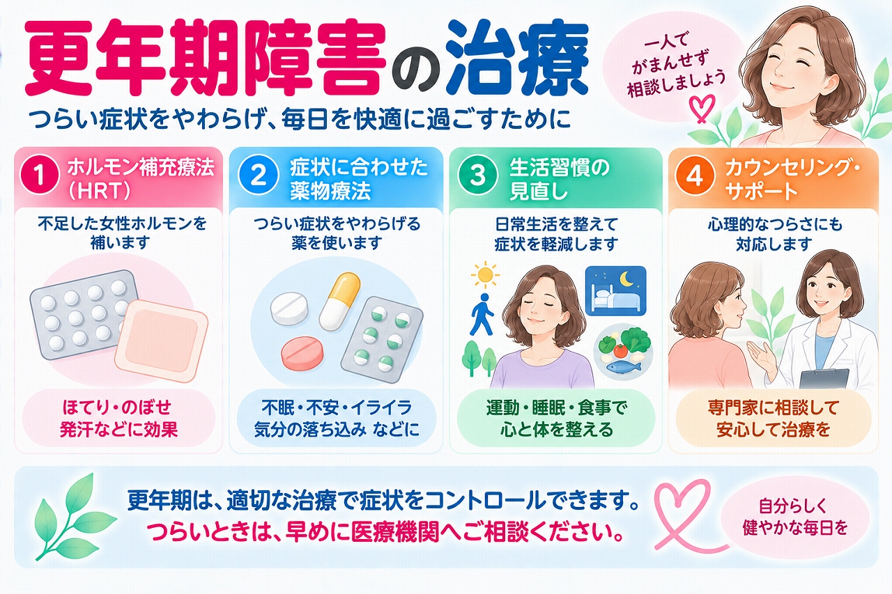 更年期障害の治療について解説したインフォグラフィック。ホルモン補充療法（HRT）、症状に応じた薬物療法、運動・睡眠・食事など生活習慣の見直し、カウンセリングや心理的サポートなど、主な治療・対処法を紹介