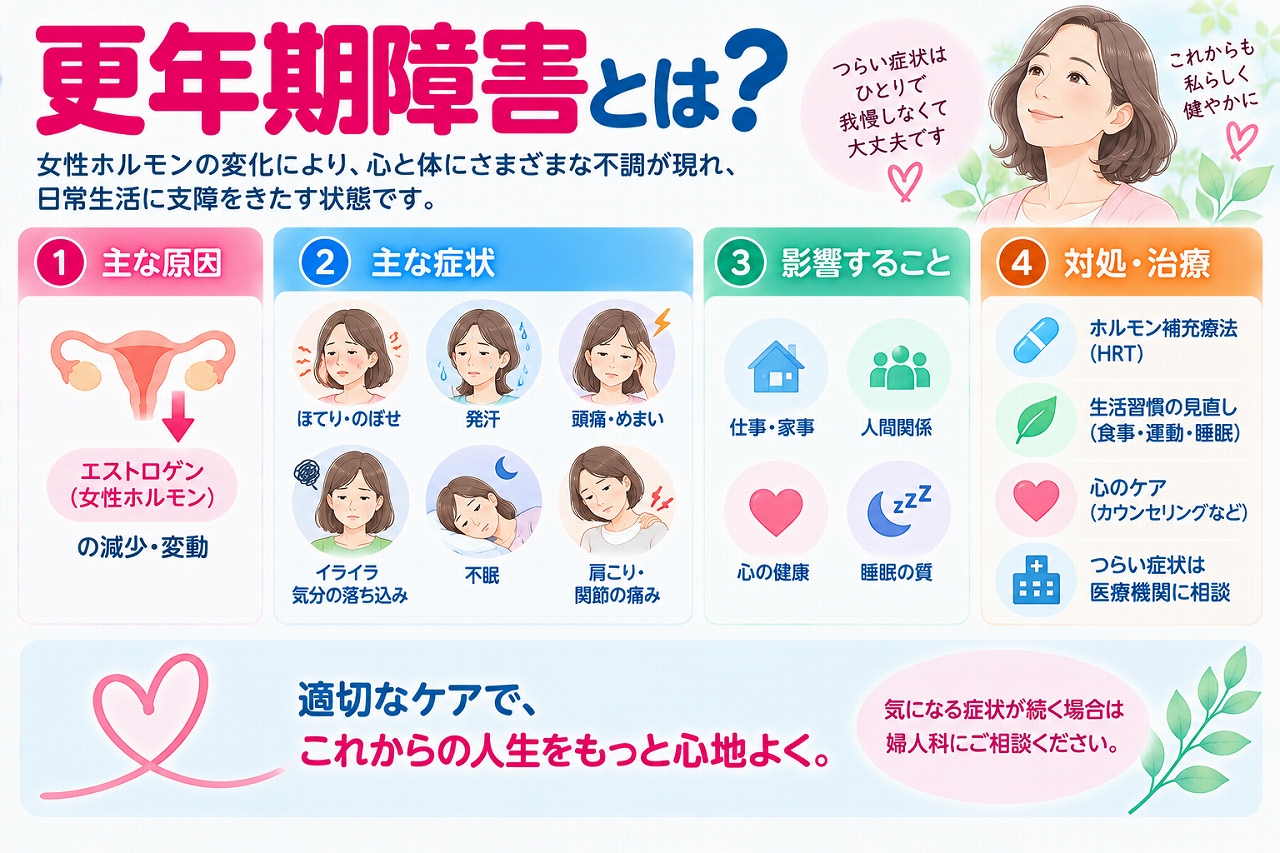 更年期障害について解説したインフォグラフィック。女性ホルモン(エストロゲン)の変動・減少に伴い、ほてり・のぼせ、発汗、頭痛・めまい、イライラや気分の落ち込み、不眠、肩こりなどが現れ、日常生活に支障をきたす状態と主な対処・治療について紹介