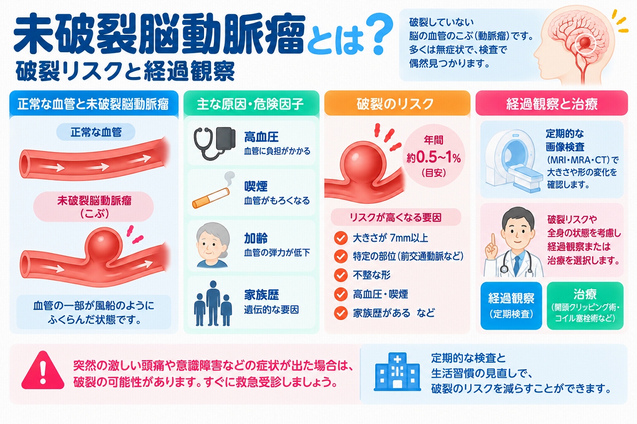 未破裂脳動脈瘤の破裂リスクや経過観察、治療法を解説した医療インフォグラフィック。正常な脳動脈と未破裂脳動脈瘤を比較し、高血圧、喫煙、加齢、家族歴などの危険因子を図解。動脈瘤の大きさ・形状・部位による破裂リスクの違い、MRI・MRA・CTなどによる定期検査、クリッピング術・コイル塞栓術などの治療法と緊急受診の目安を紹介。