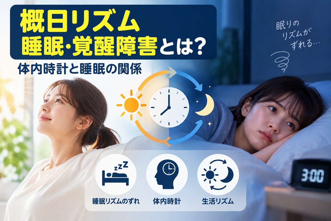 概日リズム睡眠・覚醒障害を解説した医療インフォグラフィック。朝の光を浴びる女性と深夜3時に眠れず横になる女性を左右に配置し、太陽・月・時計のアイコンで体内時計と睡眠リズムの関係を示した図解。