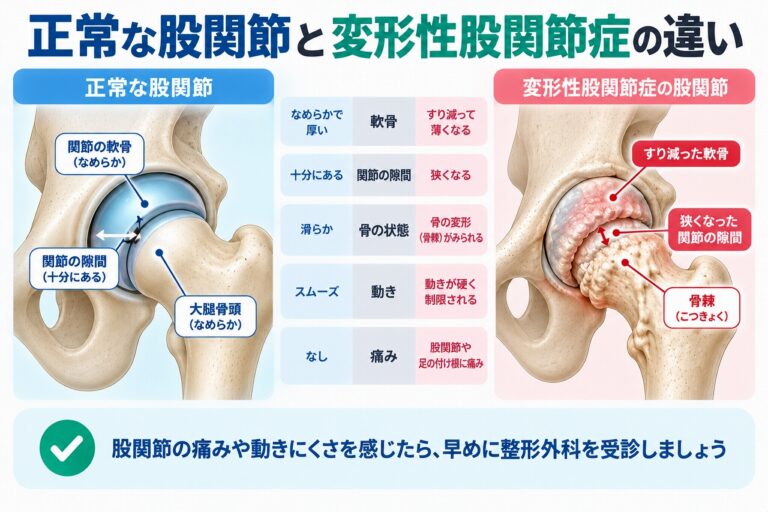 正常な股関節と変形性股関節症の違い｜軟骨・関節の隙間・骨の変化を比較