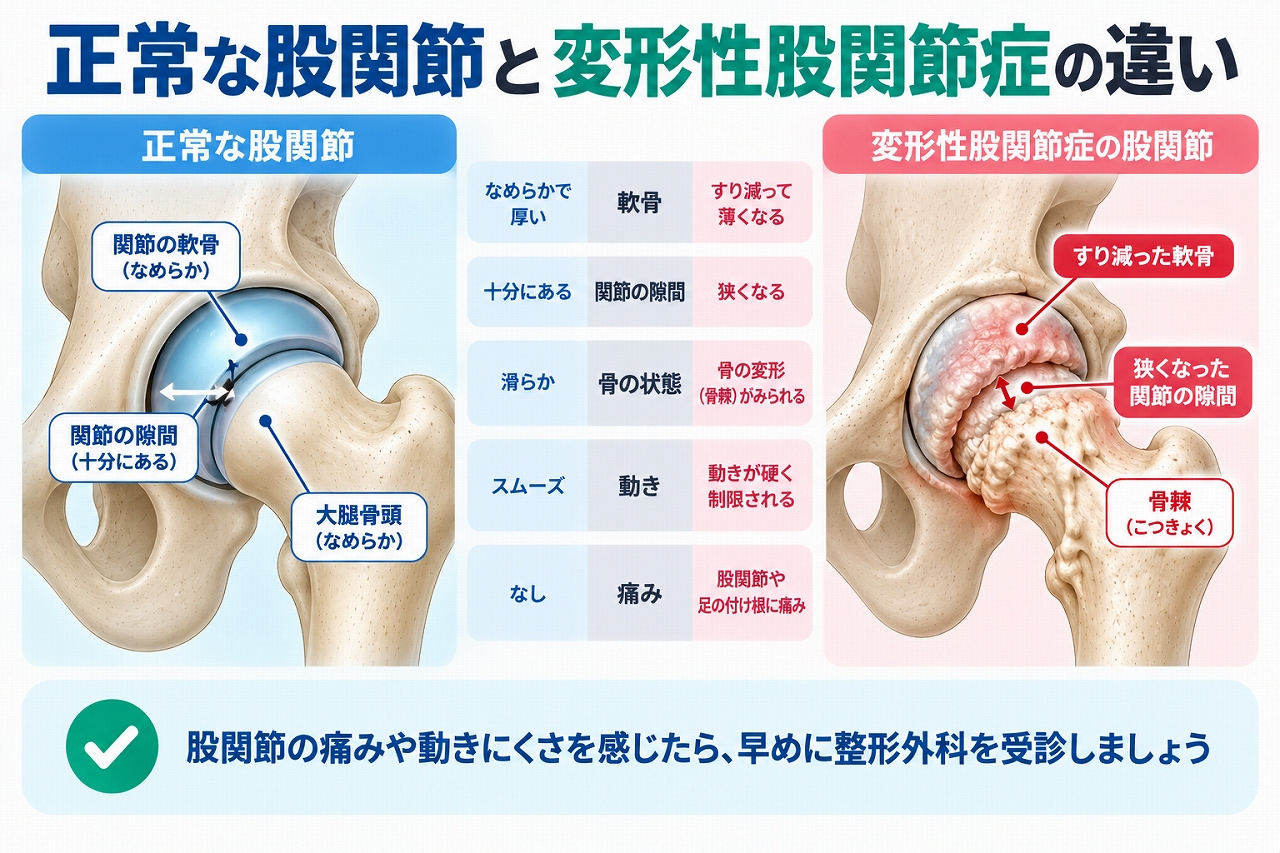 正常な股関節と変形性股関節症の違いを、軟骨のすり減り、関節の隙間の狭小化、骨棘などの骨の変形、股関節の痛みや動かしにくさから比較した図