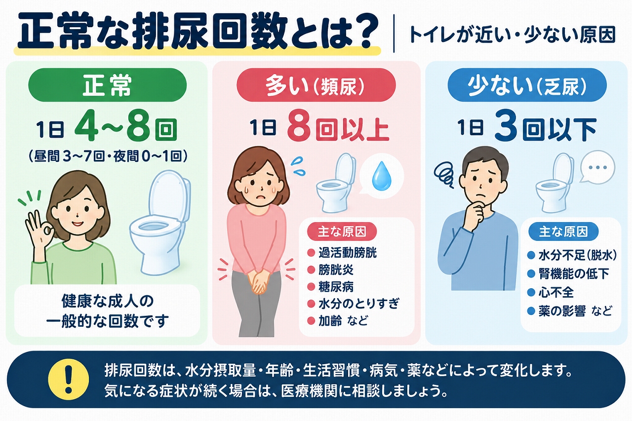 成人の正常な排尿回数と頻尿・排尿回数が少ない場合の原因を比較した医療インフォグラフィック。一般的な排尿回数は1日4～8回程度で、頻尿は過活動膀胱・膀胱炎・糖尿病など、排尿回数の減少は脱水・腎機能低下・薬の影響などが関係することを図解。