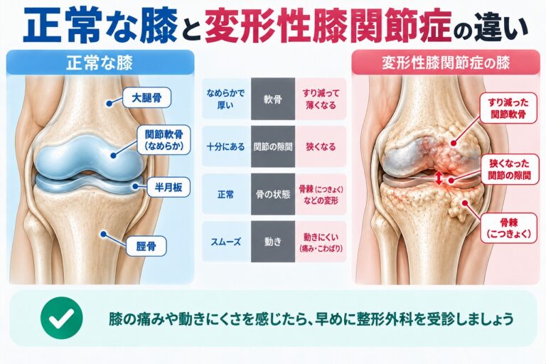 正常な膝と変形性膝関節症の違い｜軟骨・関節の隙間・骨の変化を比較