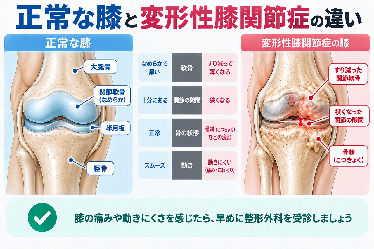 正常な膝と変形性膝関節症の違いを比較し、正常な膝では関節軟骨と関節の隙間が保たれているのに対し、変形性膝関節症では軟骨がすり減り、関節裂隙が狭くなって骨棘などの変形が生じる様子を示した図
