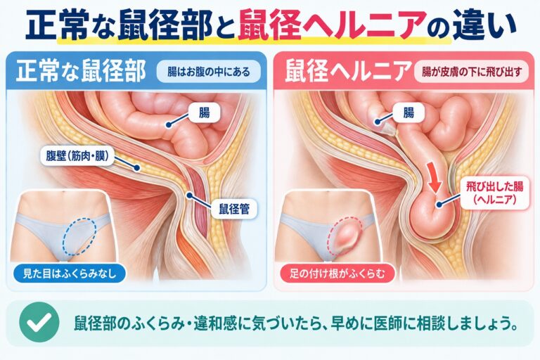 正常な鼠径部と鼠径ヘルニアの違い｜腸が飛び出す仕組みを比較