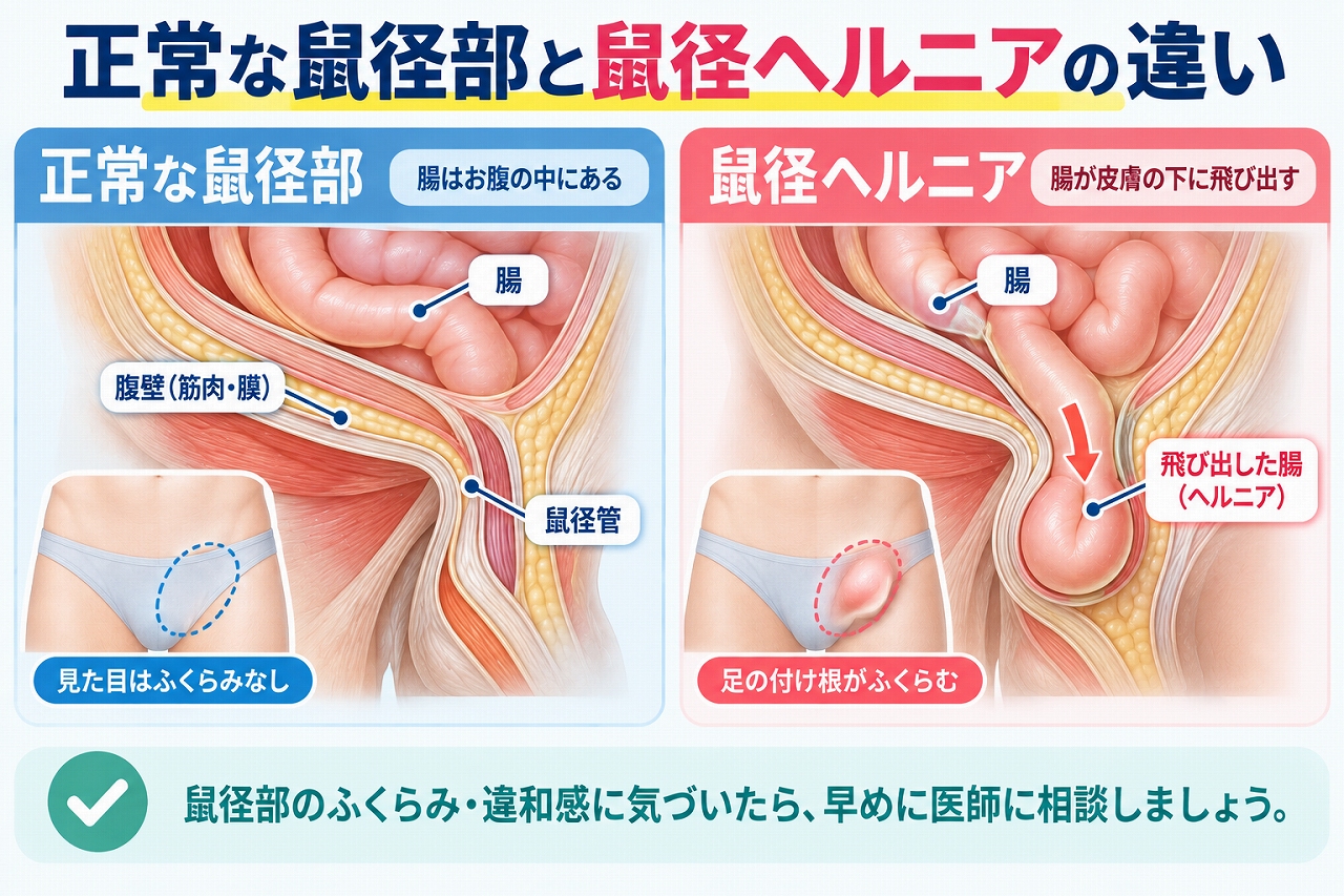 正常な鼠径部と鼠径ヘルニアを比較し、正常では腸がお腹の中に保たれているのに対し、鼠径ヘルニアでは腸などが鼠径部のすき間から皮膚の下へ飛び出してふくらみができる仕組みを示した図