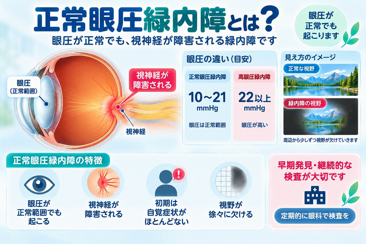 正常眼圧緑内障を解説したインフォグラフィック。眼圧が正常範囲でも視神経が障害され、初期は自覚症状が少ないまま視野が徐々に欠けていく特徴と、早期発見や定期検査の重要性を紹介