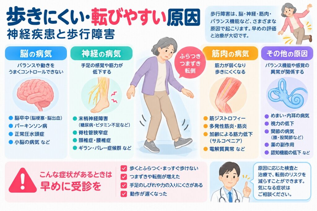 歩きにくい・転びやすい原因とは？神経疾患と歩行障害の症状・病気を図解