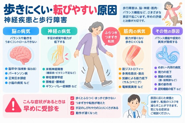 歩きにくい・転びやすい原因と歩行障害を解説した医療インフォグラフィック。脳卒中、パーキンソン病、正常圧水頭症、小脳疾患などの脳の病気、末梢神経障害や脊柱管狭窄症、筋ジストロフィー、サルコペニア、内耳疾患、関節疾患などを図解。ふらつき、つまずき、転倒、筋力低下などの症状と受診の目安を紹介。